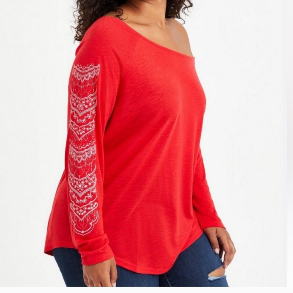Women's Red Off-Shoulder Long-Sleeve Top with Sleeve Embroidery